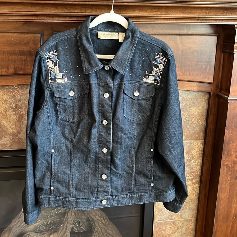 Platinum Chicos rhinestone gem embellished western bling denim Jean jacket XL(4)